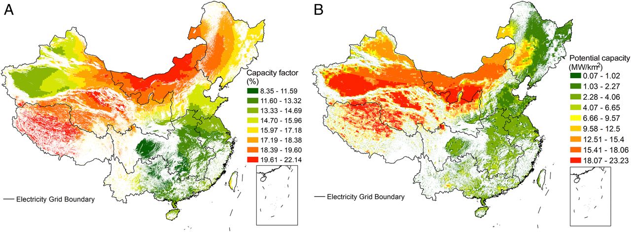 20211012-开云线上（中国）网页版环境学院、碳中和研究院、哈佛大学等联合团队系统解析我国太阳能发电平价路径与并网潜力-鲁玺-图1 光伏发电容量因子（A）及装机潜力（B）分布.jpg
